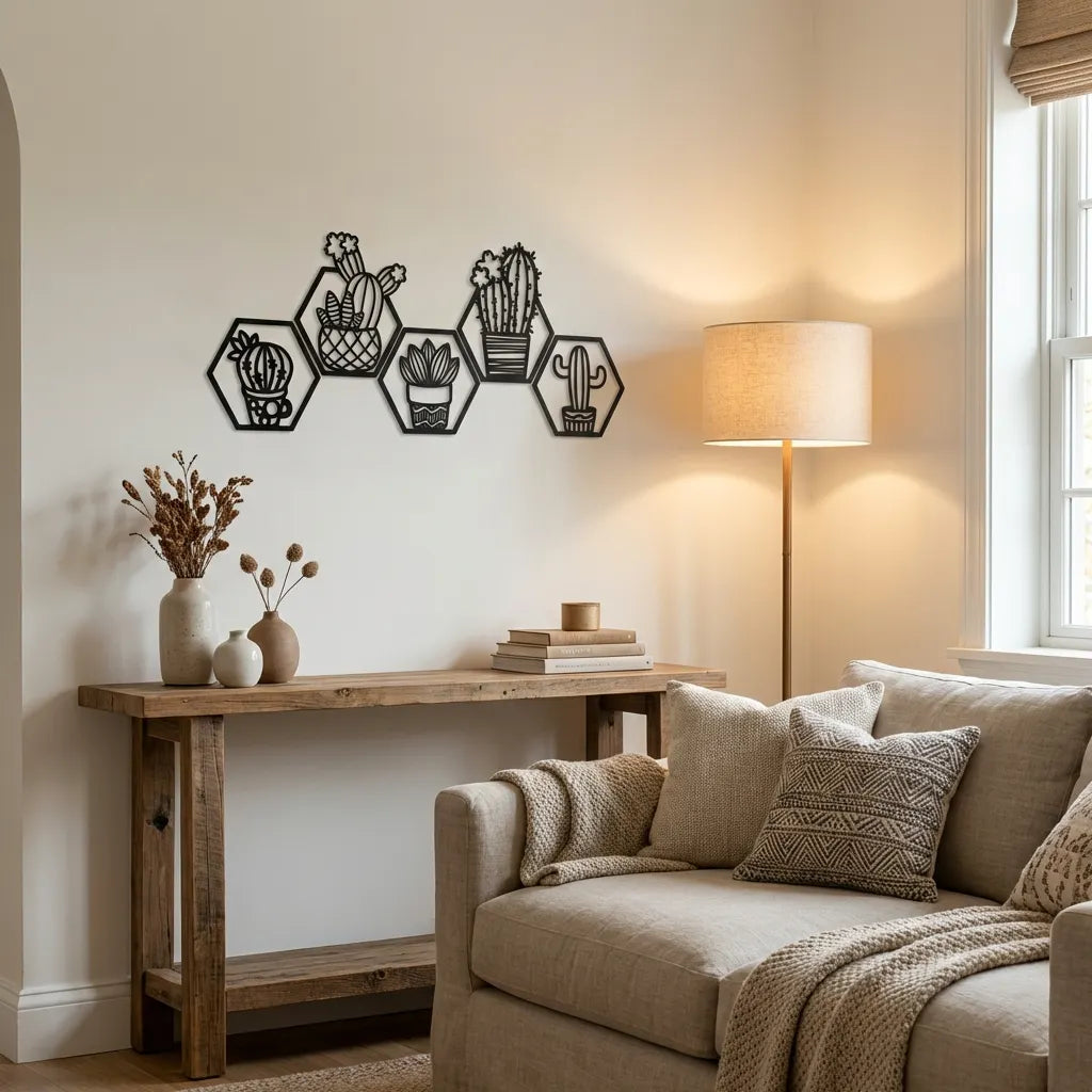 Geometrische wanddecoratie hexagon cactus zwart MDF - botanische muurdecoratie woonkamer