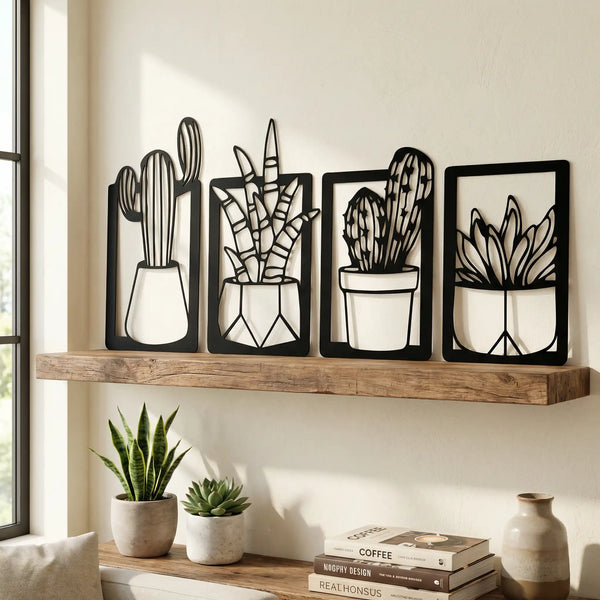 Houten wanddecoratie - cactussen - 4-luik