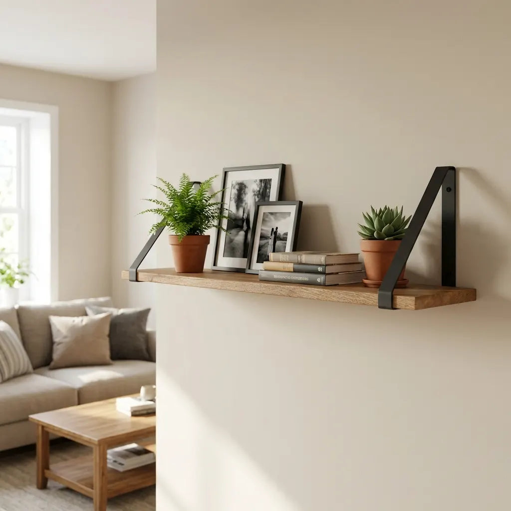 Eiken Wandplank met Mat Zwarte Wandbeugels - Inclusief Bevestiging