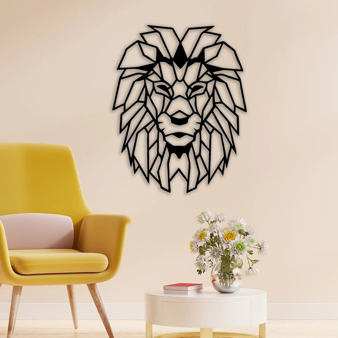 Houten wanddecoratie van een geometrische leeuwenhoofd