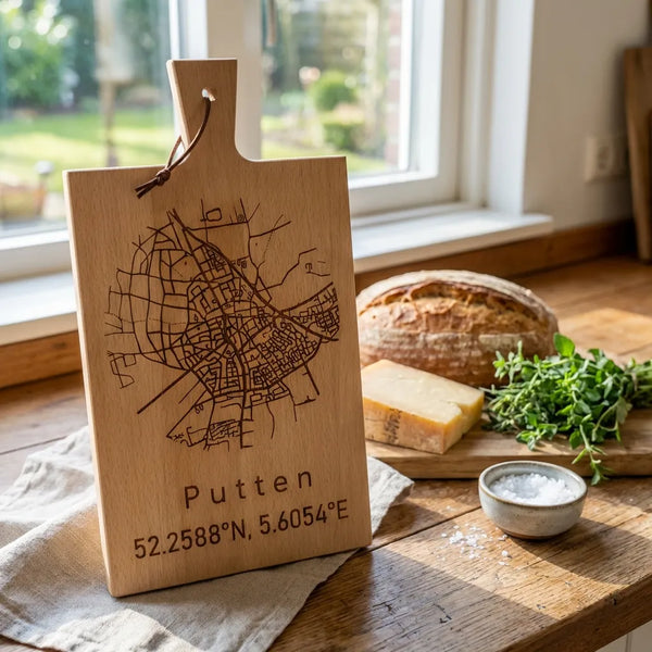 Houten stadskaart op borrelplank