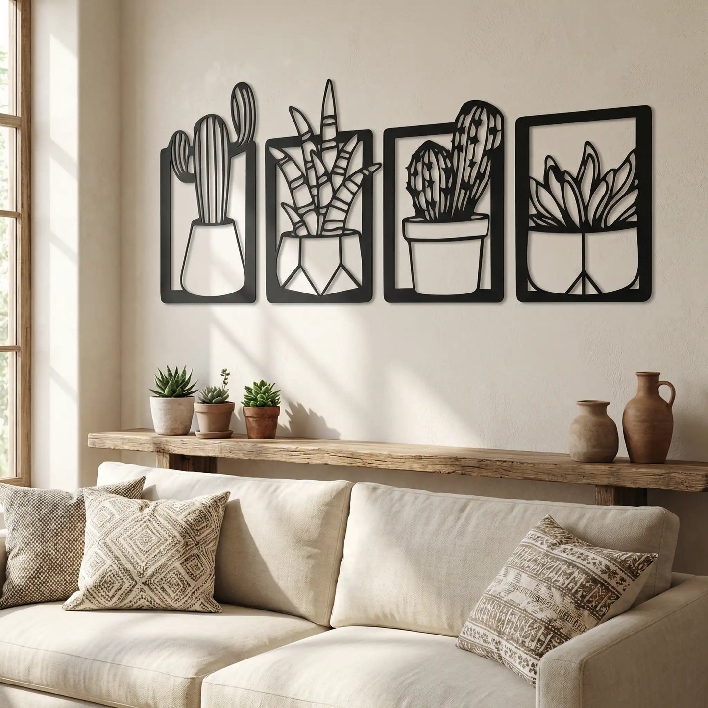 Houten wanddecoratie - cactussen - 4-luik