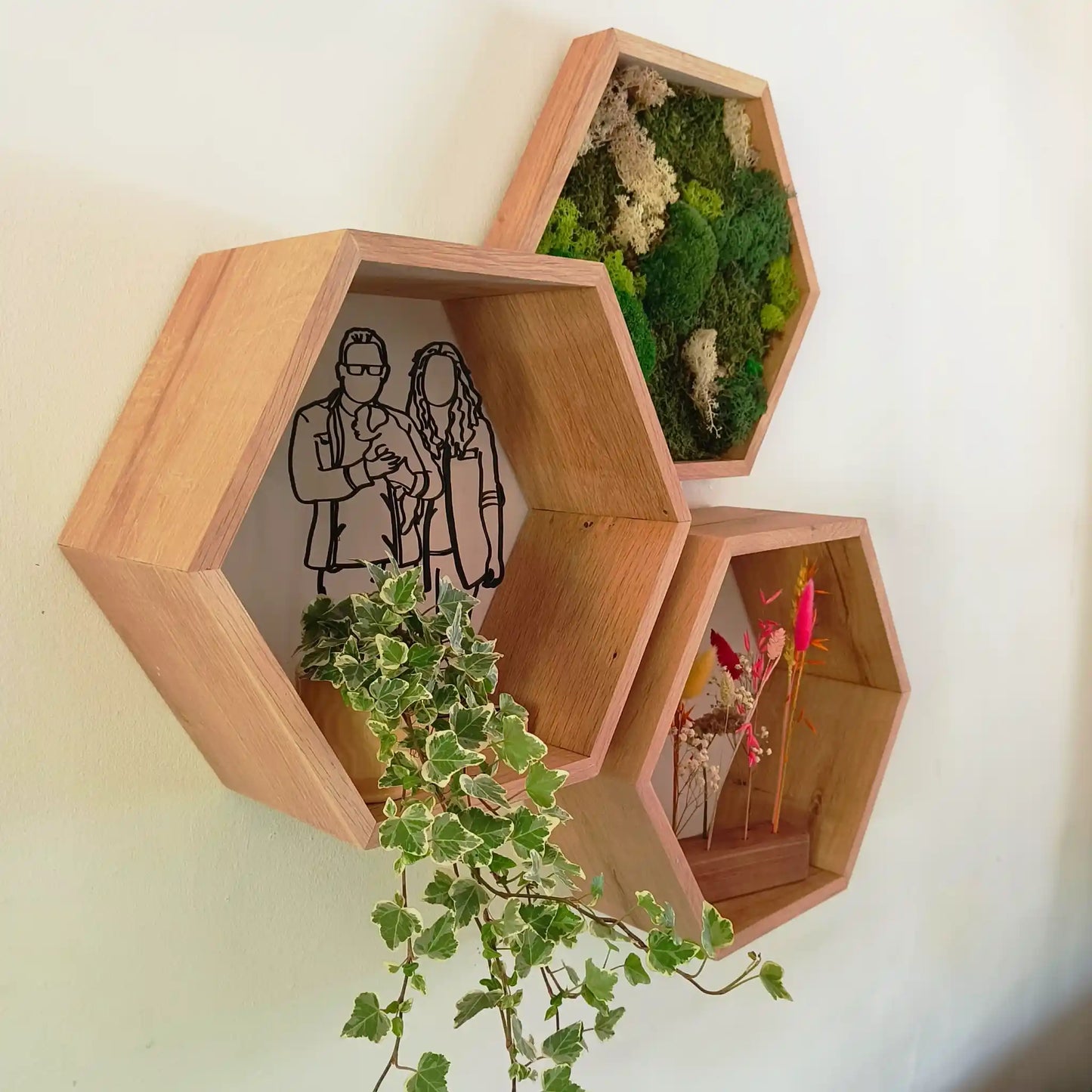 Houten hexagon - Moswand - Houten wanddecoratie