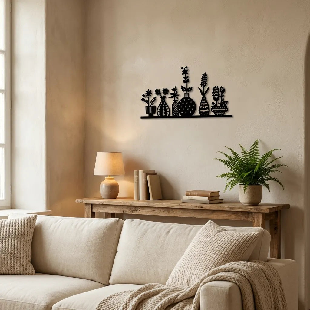 Houten wanddecoratie van zwart hout boven een bank, silhouette van vazen en planten, gemaakt van 4mm MDF in een woonkamer met beige bank.