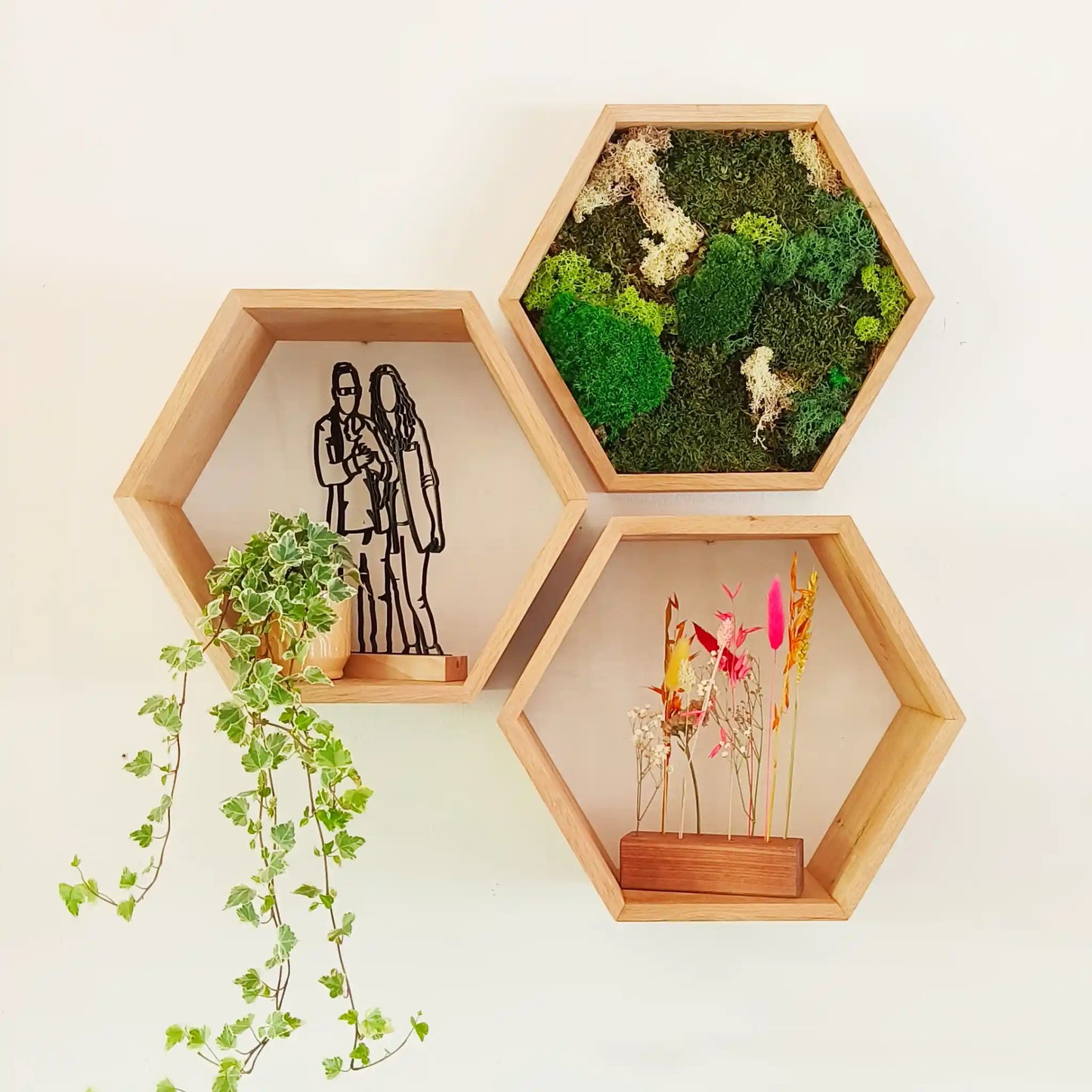 Houten hexagon - Moswand - Houten wanddecoratie