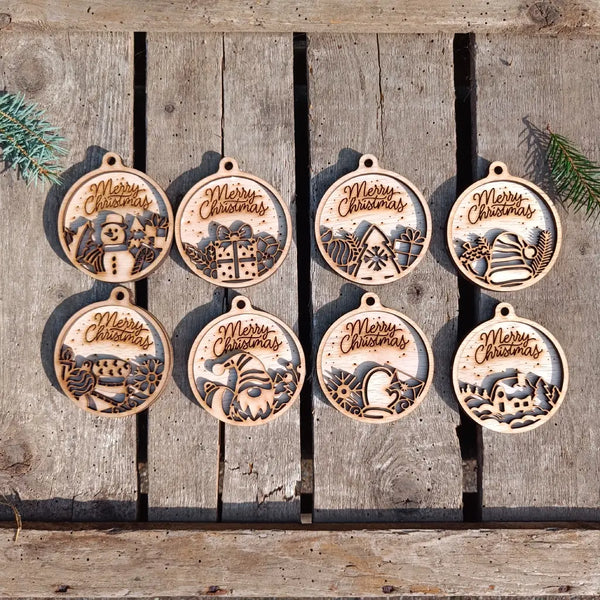 Houten kerstballen met achtergrond