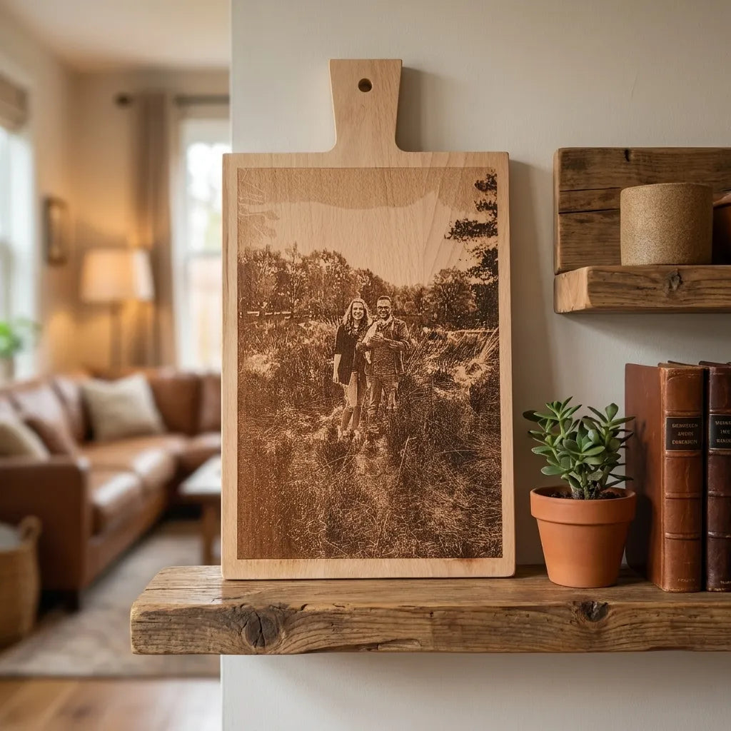 Houten borrelplank met een gegraveerde foto, een persoonlijk cadeau voor elke gelegenheid