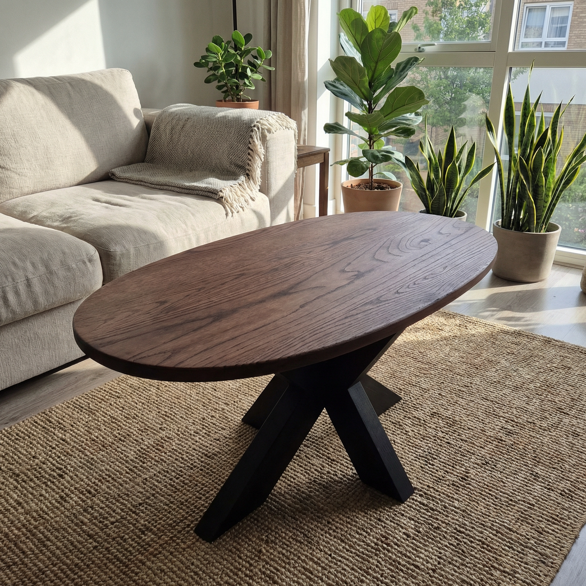 Ovale Eiken Salontafel - Massief Hout - X-poot - Stel zelf samen