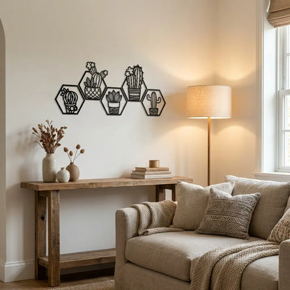 Geometrische wanddecoratie hexagon cactus zwart MDF - botanische muurdecoratie woonkamer