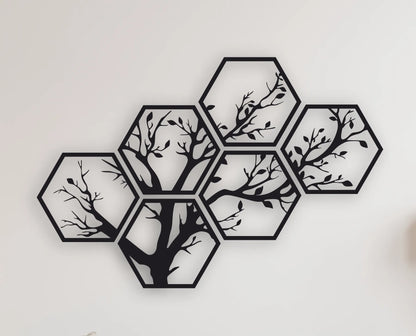 Houte wanddecoratie hexagon levensboom ingezoomed