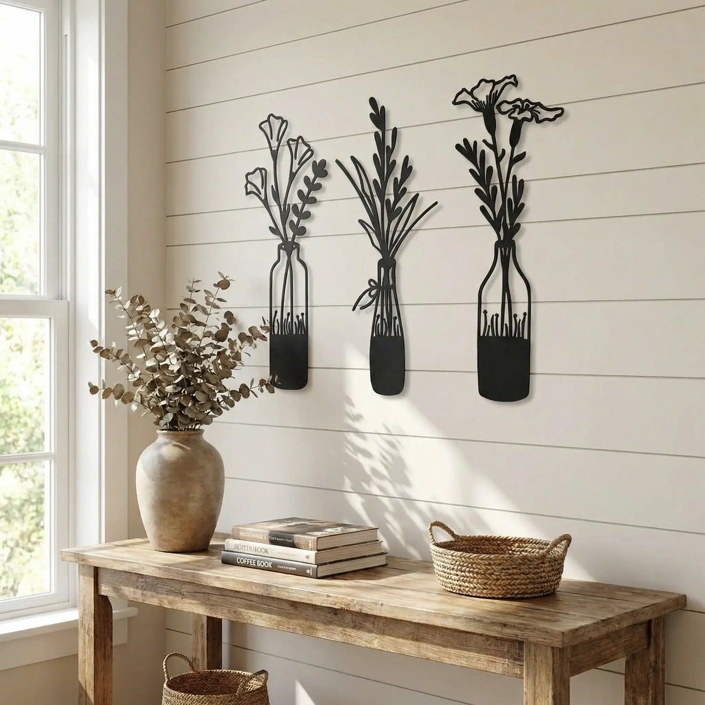 Houten wanddecoratie - bloemen vazen