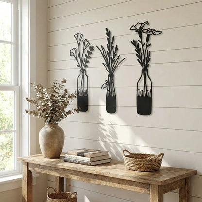 Houten wanddecoratie - bloemen vazen