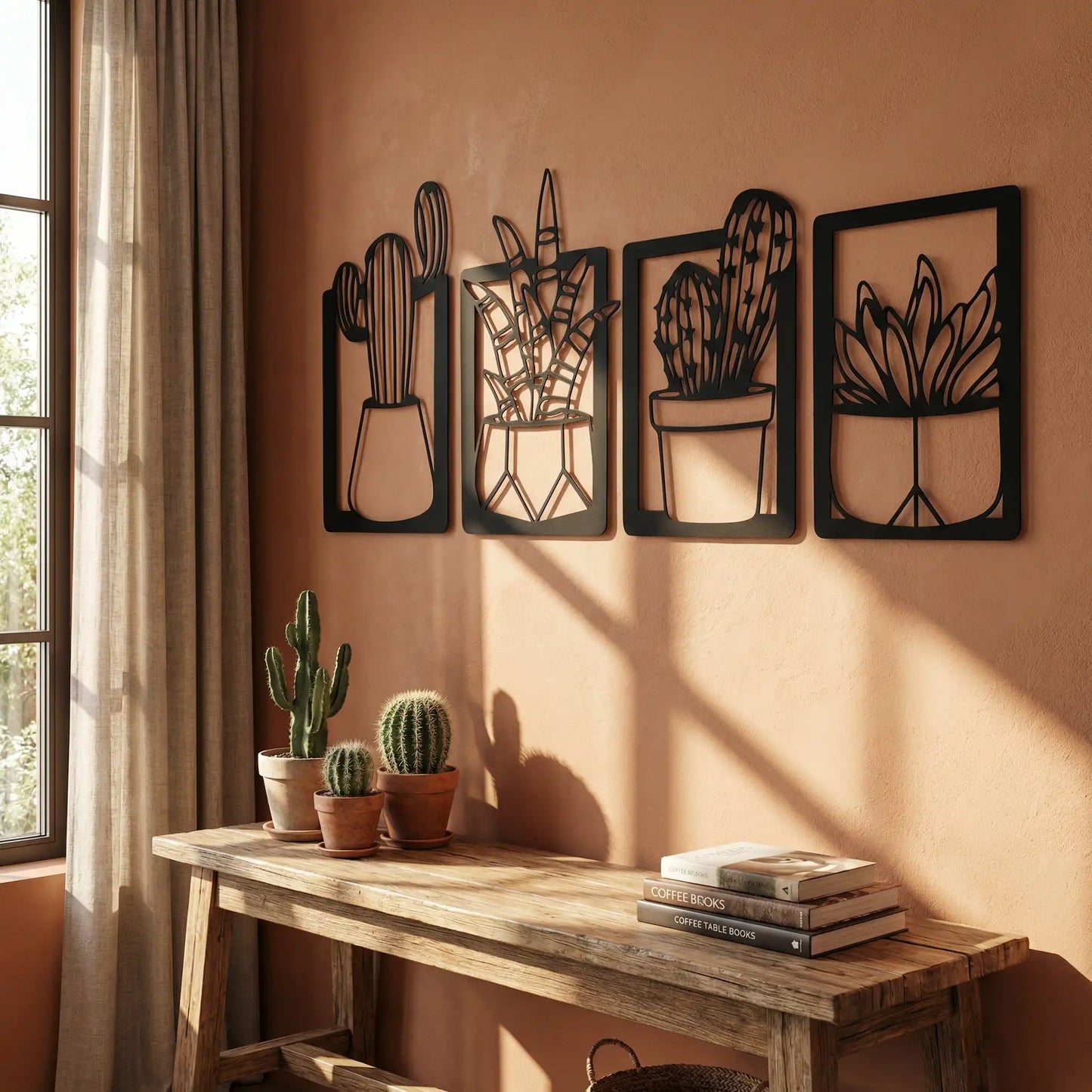 Houten wanddecoratie - cactussen - 4-luik