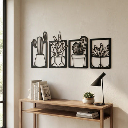Houten wanddecoratie - cactussen - 4-luik