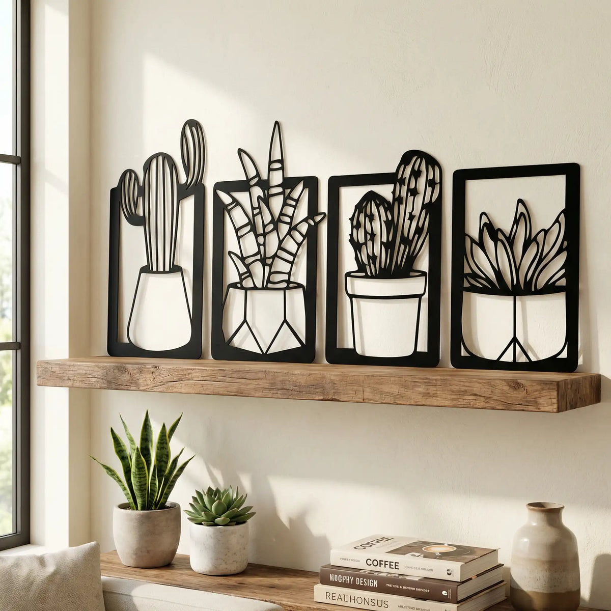 Houten wanddecoratie - cactussen - 4-luik