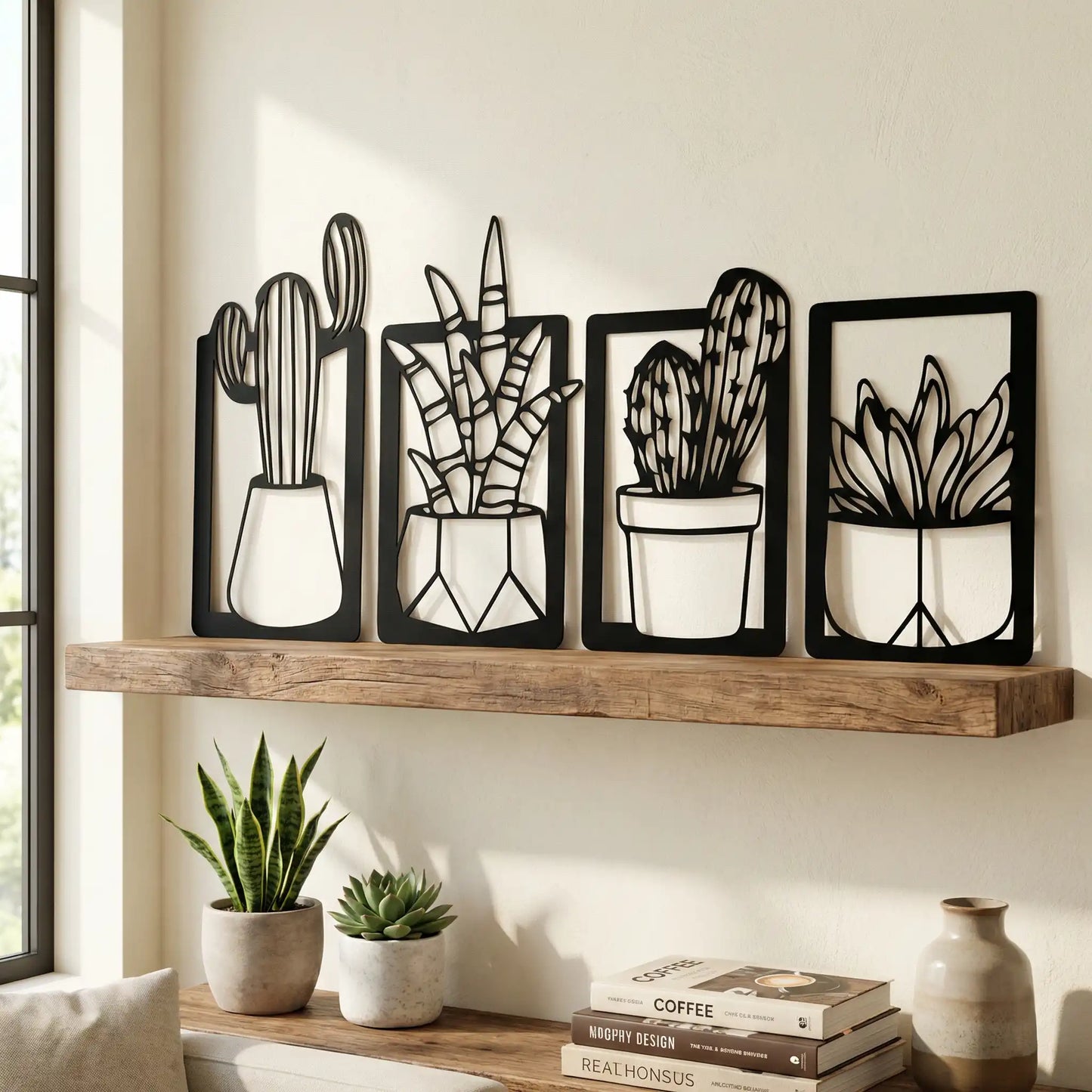 Houten wanddecoratie - cactussen - 4-luik