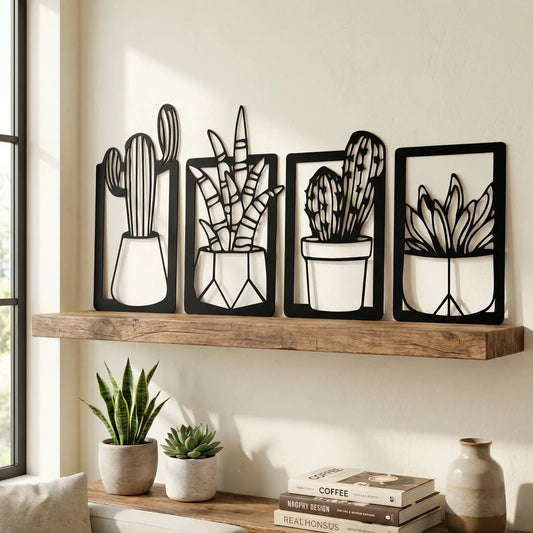 Houten wanddecoratie - cactussen - 4-luik