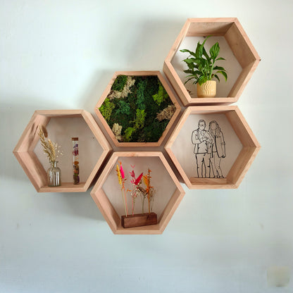 Houten eiken hexagon wandplank set