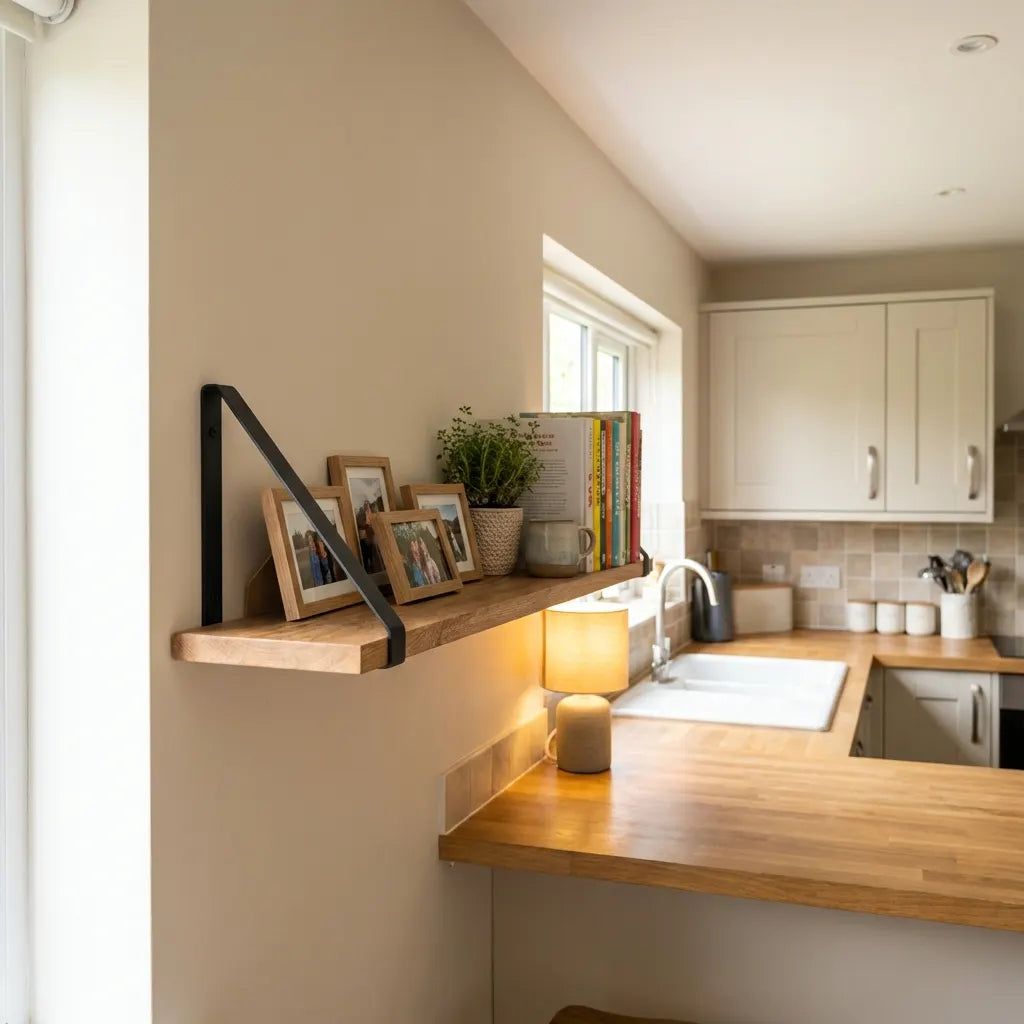 Eiken Wandplank met Mat Zwarte Wandbeugels - Inclusief Bevestiging