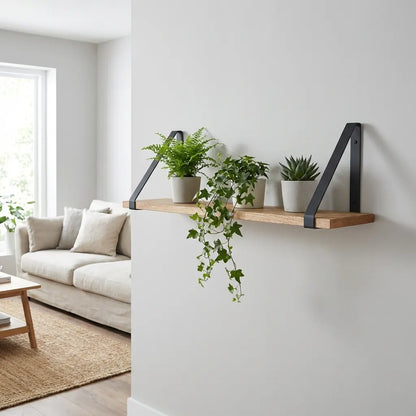 Eiken Wandplank met Mat Zwarte Wandbeugels - Inclusief Bevestiging