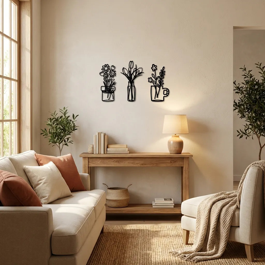 bloemen 3 luik, tulpen, veldbloemen en in thee glas. Houten wanddecoratie voor aan de muur