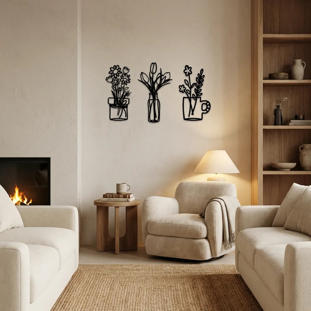 houten bloemen vazen met verschillende bloemen voor aan de muur. Geschikt als houten wanddecoratie