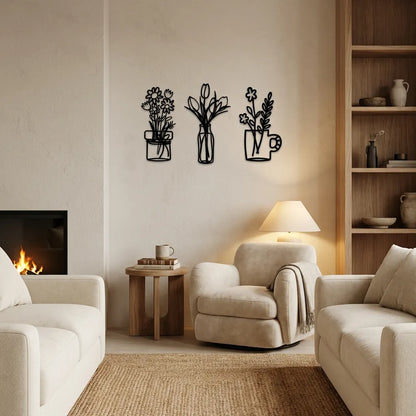 houten bloemen vazen met verschillende bloemen voor aan de muur. Geschikt als houten wanddecoratie