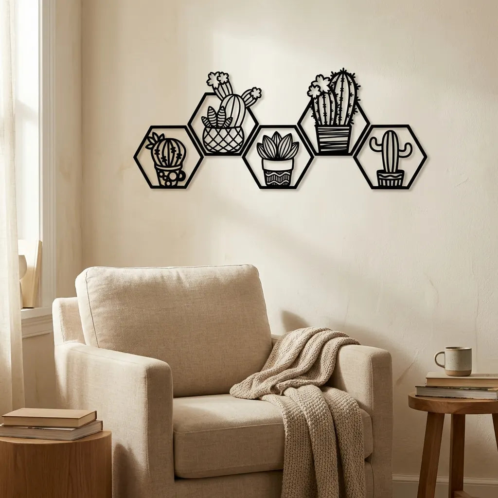 Geometrische wanddecoratie hexagon cactus zwart MDF - botanische muurdecoratie woonkamer