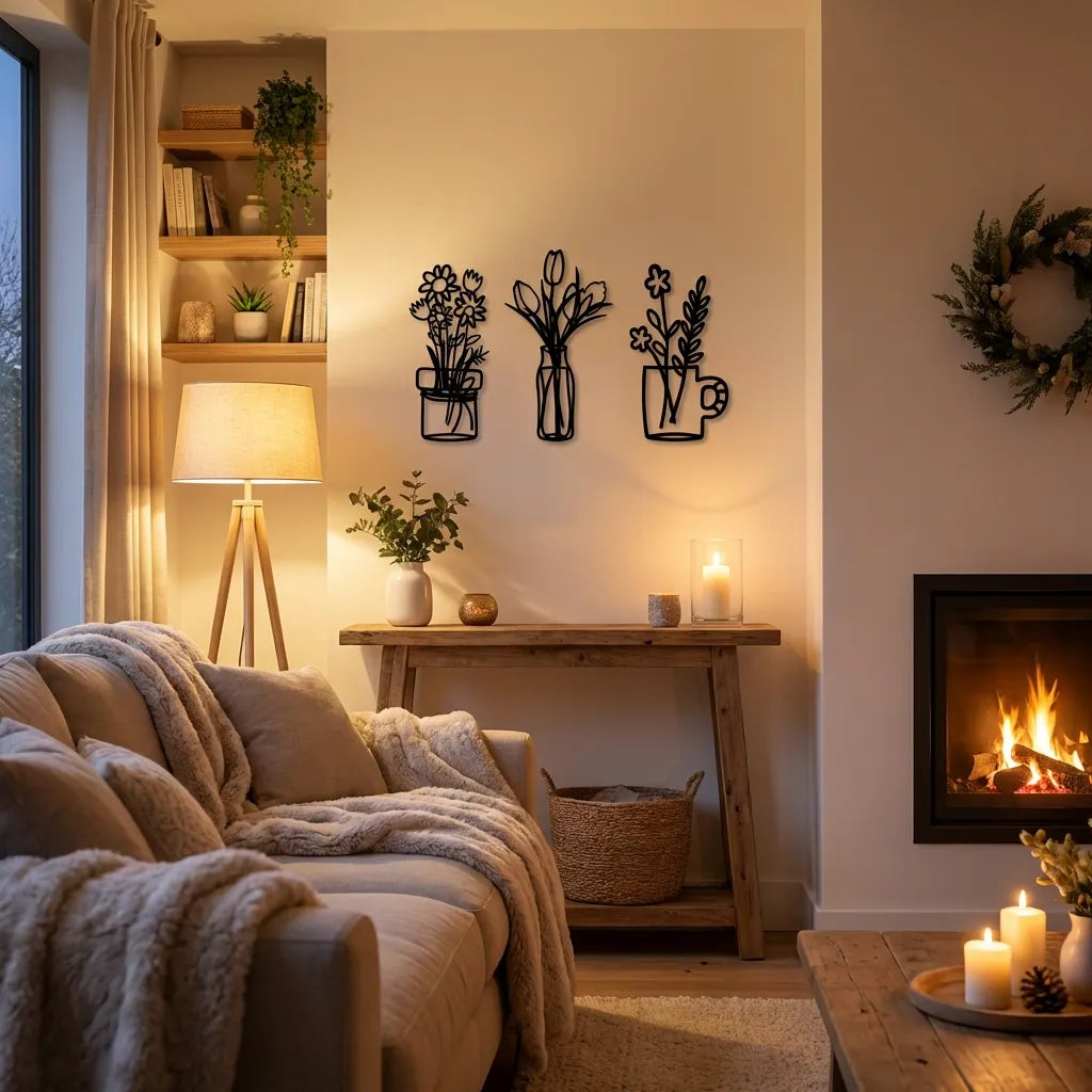 houten wanddecoratie bloemen drie luik woonkamer