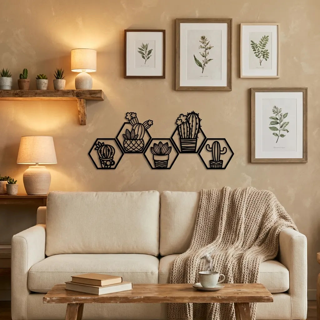 Zwarte houten wanddecoratie van MDF met vijf hexagon vormen en verschillende cactus ontwerpen boven een beige bank in een woonkamer