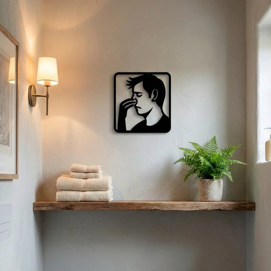 Moderne houten wanddecoratie wc man met hand voor de neus - zwart MDF decoratie kleinste kamertje