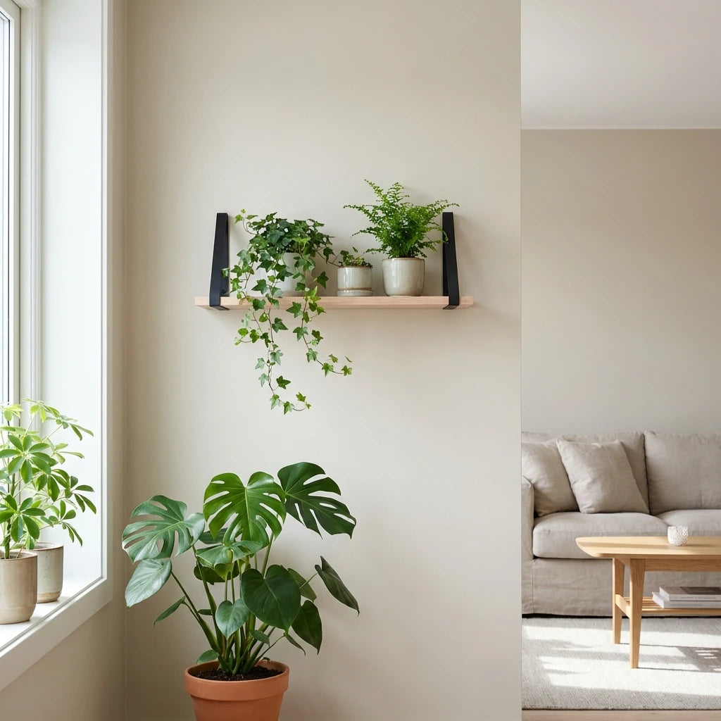 Eiken Wandplank met Mat Zwarte Wandbeugels - Inclusief Bevestiging