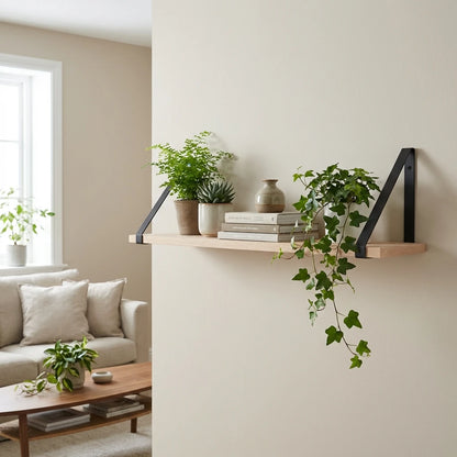 Eiken Wandplank met Mat Zwarte Wandbeugels - Inclusief Bevestiging