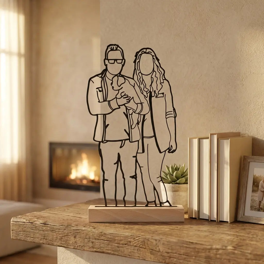 Gepersonaliseerd lijntekening van een foto in houten houder op een wandplank