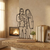 Gepersonaliseerd lijntekening van een foto in houten houder op een wandplank