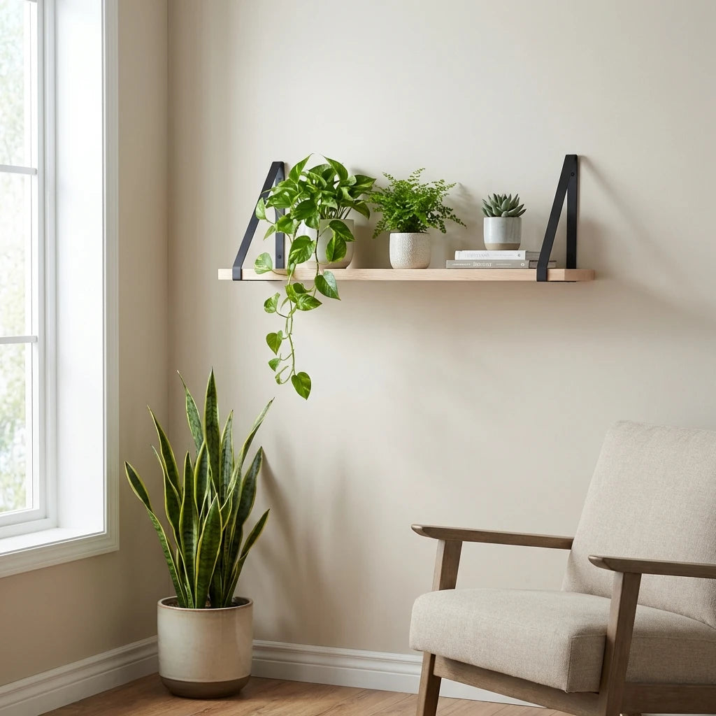 Eiken Wandplank met Mat Zwarte Wandbeugels - Inclusief Bevestiging