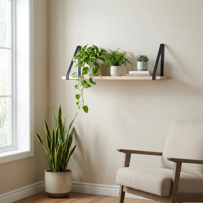 Eiken Wandplank met Mat Zwarte Wandbeugels - Inclusief Bevestiging