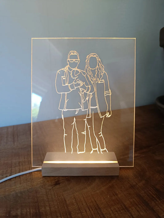 Verlichte lijntekening van plexiglas met houten houder