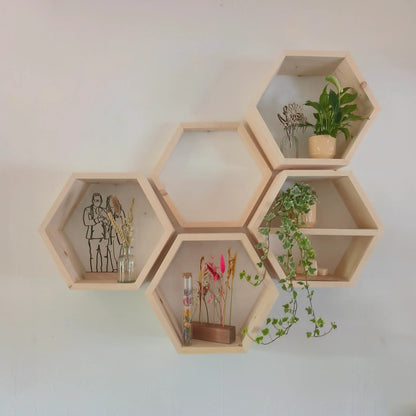 Houten Hexagons - Vurenhout - Klein - Houten Wanddecoratie