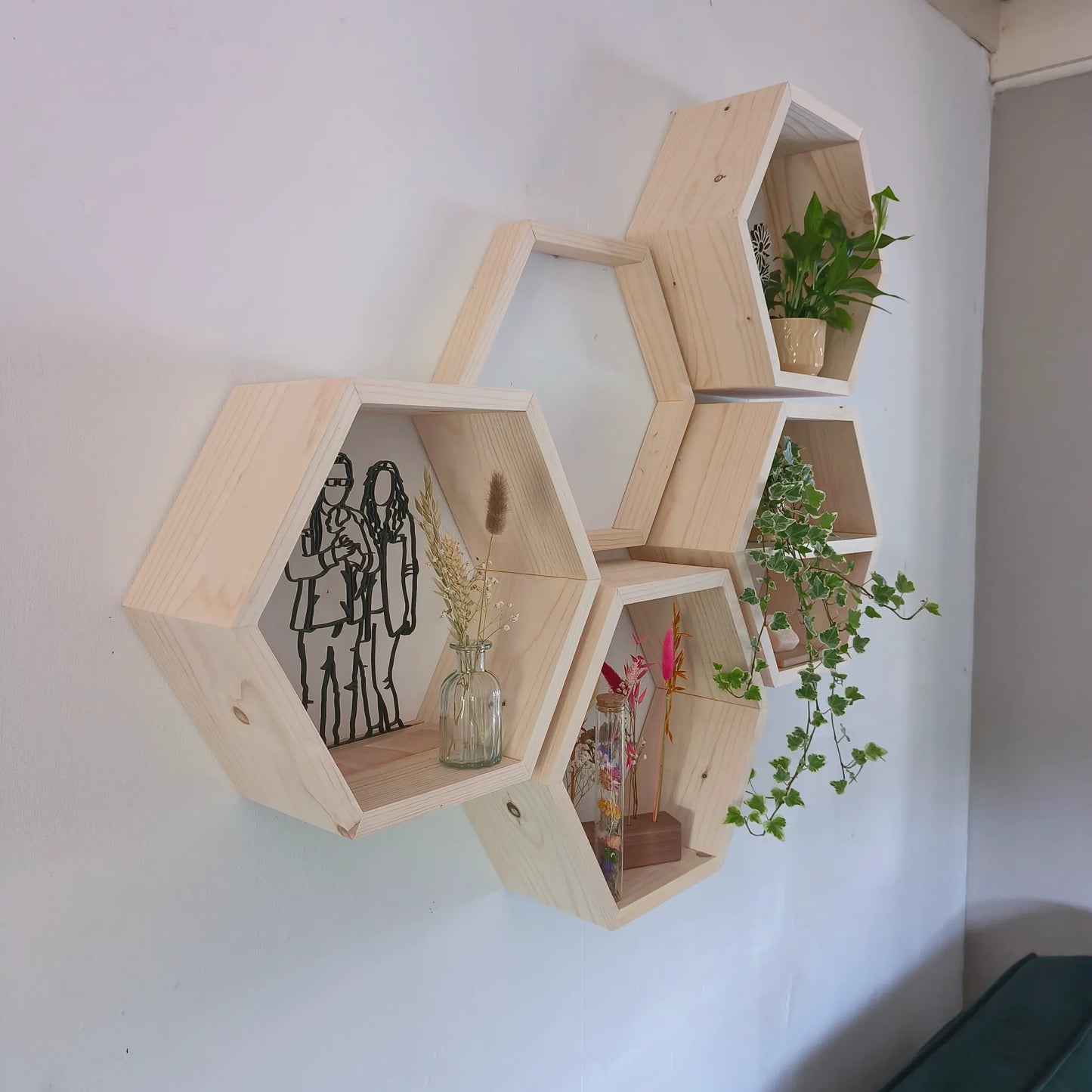 Houten Hexagons - Vurenhout - Klein - Houten Wanddecoratie