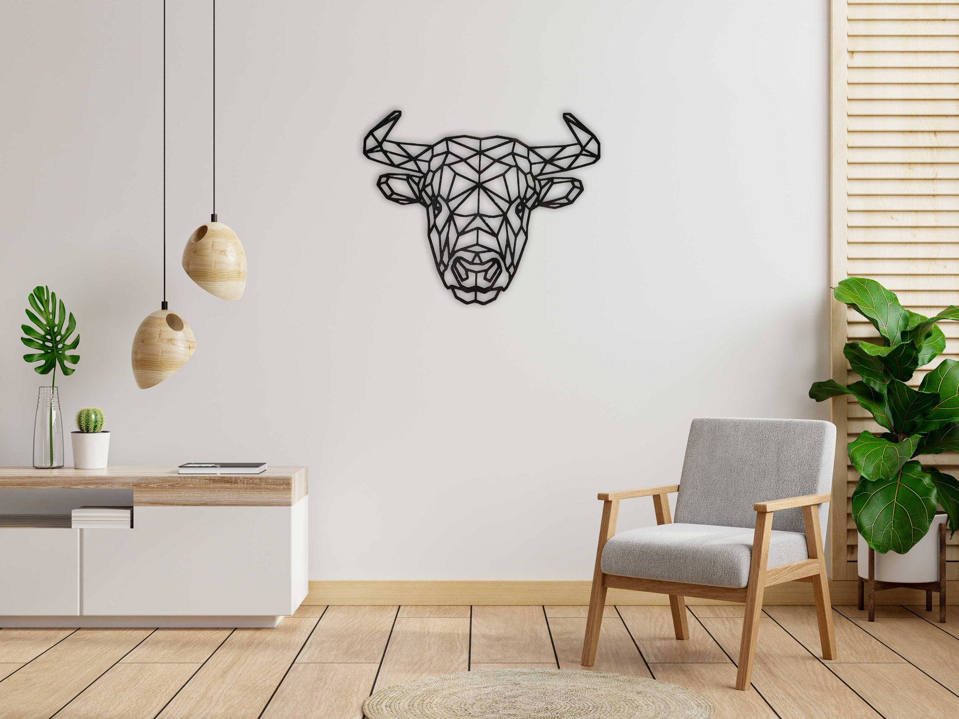 Houten wanddecoratie van een geometrisch bison hoofd