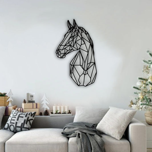 Houten wanddecoratie van een geometrisch paardenhoofd 